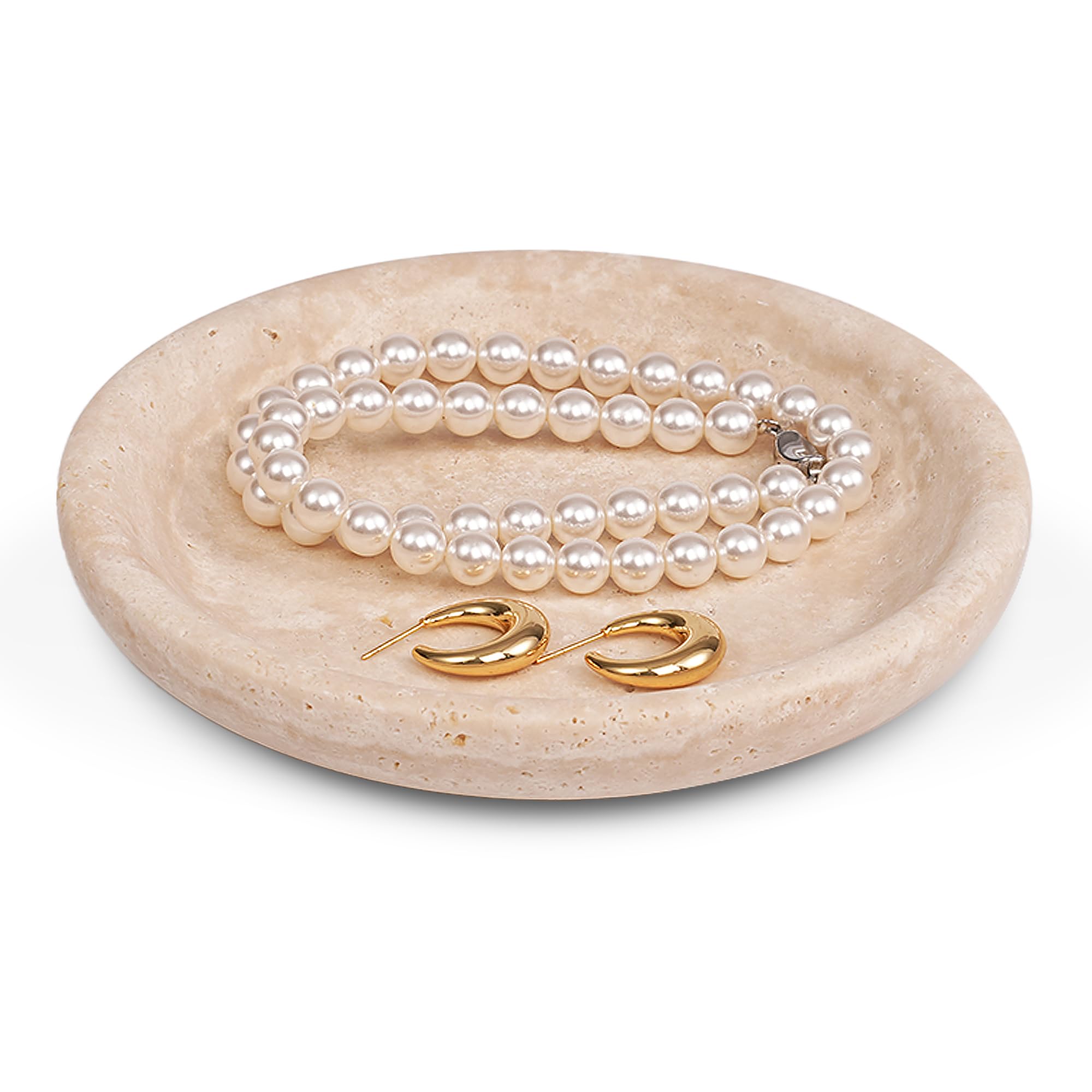 Photo 1 of LWALMS Travertine Marble Jewelry Tray - Stone Trinket Ring Key Purse Holder Dish, Small Cute Round Plate Decorative Bowl for Nightstand Entryway Coffee Table Decor (5.5 inch)