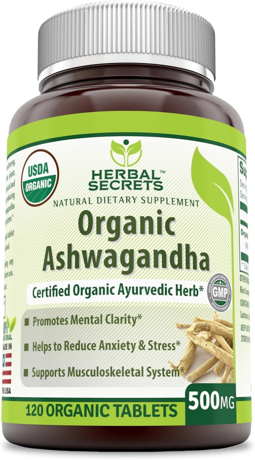 Herbal Secrets Organic Ashwagandha 500 mg 120 Organic Tablets (Non-GMO) - Supports Musculoskeletal System, Helps to Reduce Anxiety & Stress & Promotes Mental Clarity*: Health & Personal Care