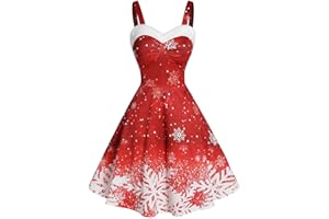 NARHBRG Womens Christmas Camisole Dresses Snowflake Print Furry Trim Dress Mrs Santa Claus Holiday Cocktail Party Swing Dress