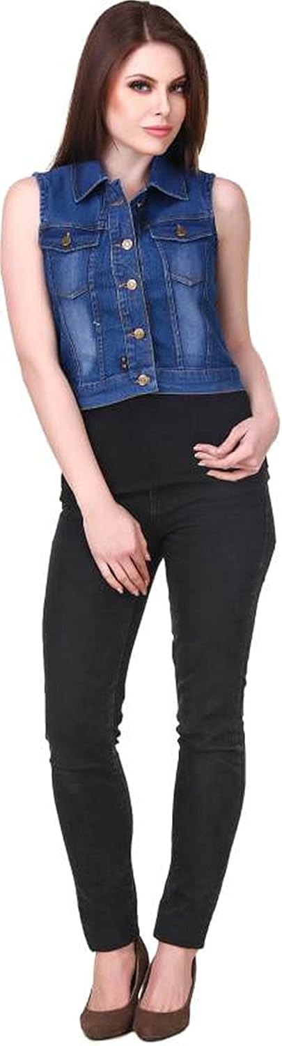 g.s.a enterprises stylish sleeveless dark blue regular collar women's denim jacket