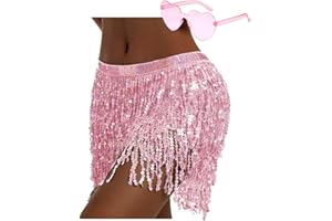 SHENYI Sequin Skirt Fringe Skirt Belly Dance Hip Skirt Rave Party Costume Sparkle Skirt with Heart Sunglasses for Women and Girls