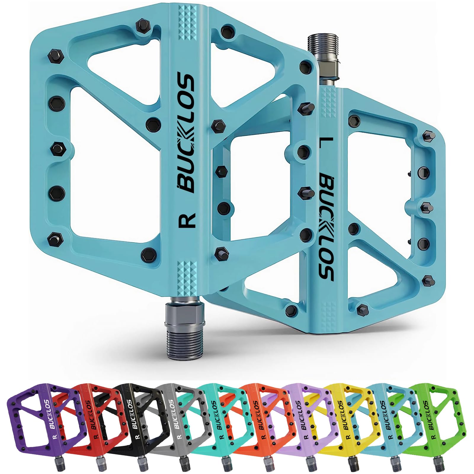 Photo 1 of BUCKLOS Mountain Bike Pedals MTB Pedals Flat, Bicycle Road Bike Adult Large Platform Pedal with Non-Slip Grips for Gravel/Ebike/Hybrid Bikes/Beach Cruiser(9/16 Nylon Blue)