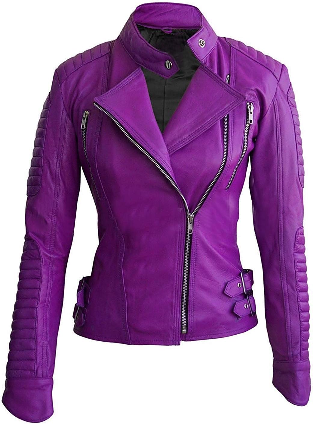 Women's Biker Racer Stylish Brando Real Purple Sheep Skin Leather Jacket