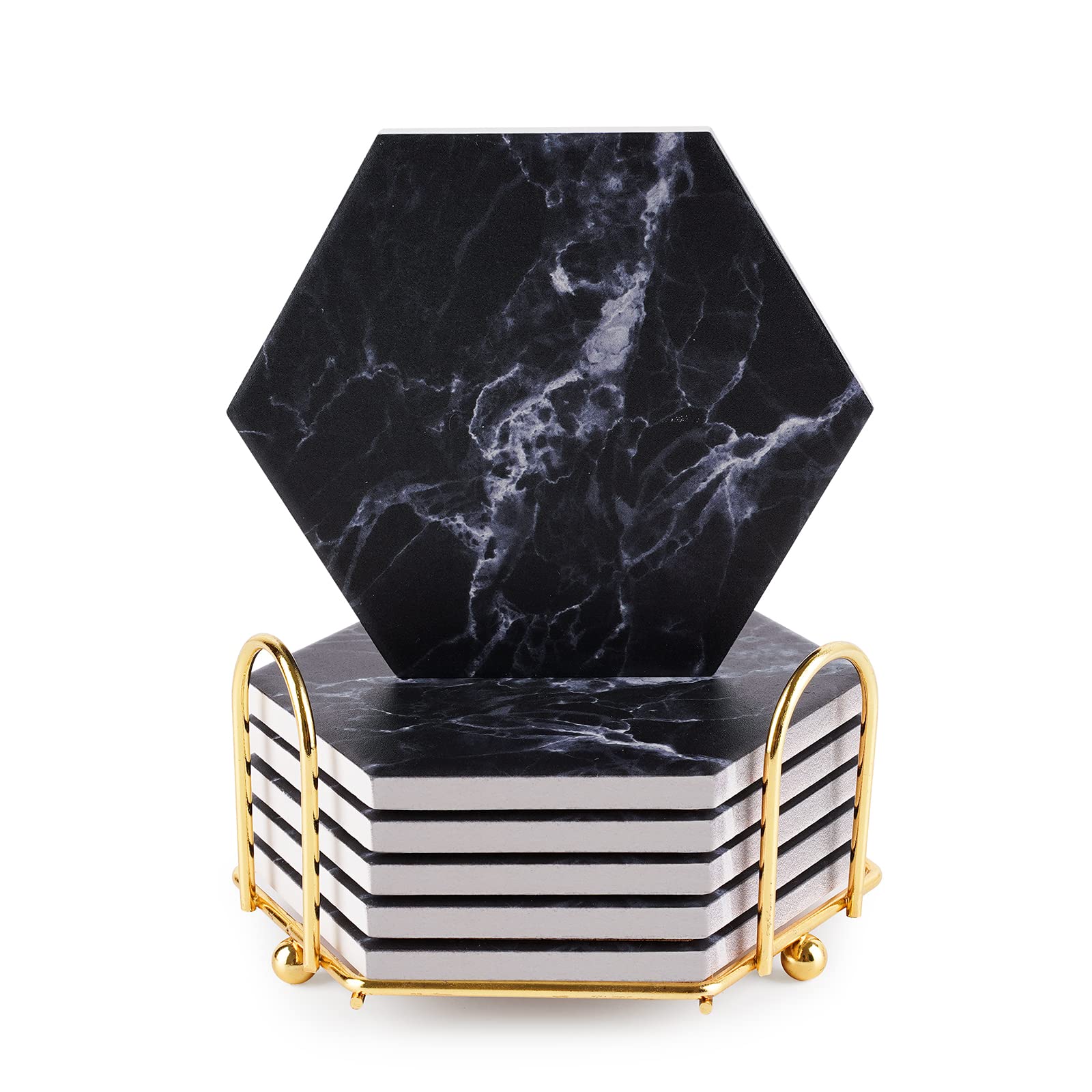 Black Coasters,Coaster for Drinks, Absorbent Marble Coasters with Metal holder for Various Cups, Tables and Home Decor