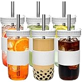 Mapoxy 6 Pack 24oz Mason Jar Cups with Lids and Straws, White Boba Cups Set | Bubble tea, smoothie, iced coffee. Jars, lids, straws &amp; sleeves. Leak-proof, dishwasher safe. Great for home, cafes, gifts