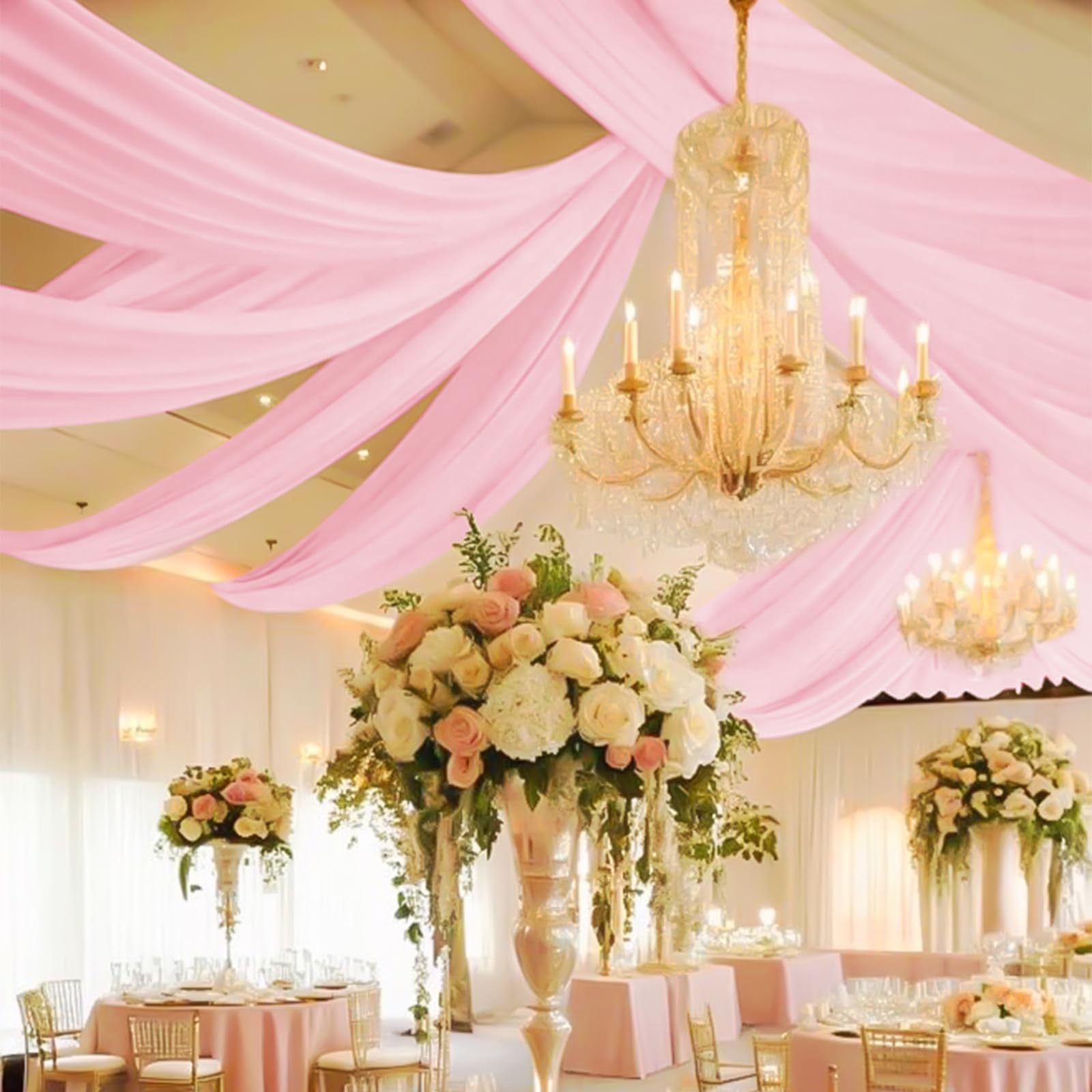 Photo 1 of Showgeous Pink Ceiling Drapes 6 Panels 5ftx30ft Wedding Ceiling Drapes Wedding Arch Draping Fabric Cheesecloth Curtain for Party Ceremony Stage Event Decoration