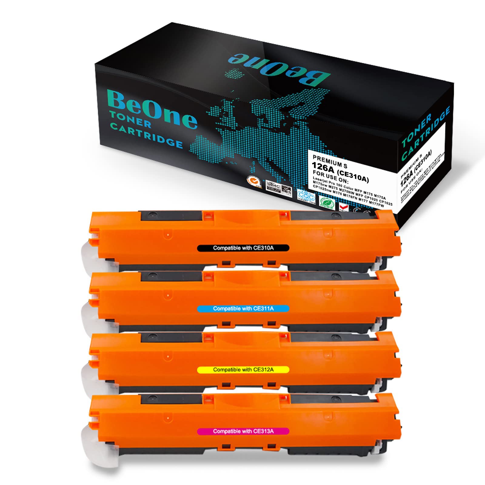 BeOne 4X 126A CE310A CE311A CE312A CE313A 130A CF350A Toner Cartridges Compatible for Laserjet Pro 100 Color MFP M175 M175A M175nw M176 M176FN M177 M177FW M275 M275NW CP1020 CP1025 CP1025nw (BK/C/M/Y)