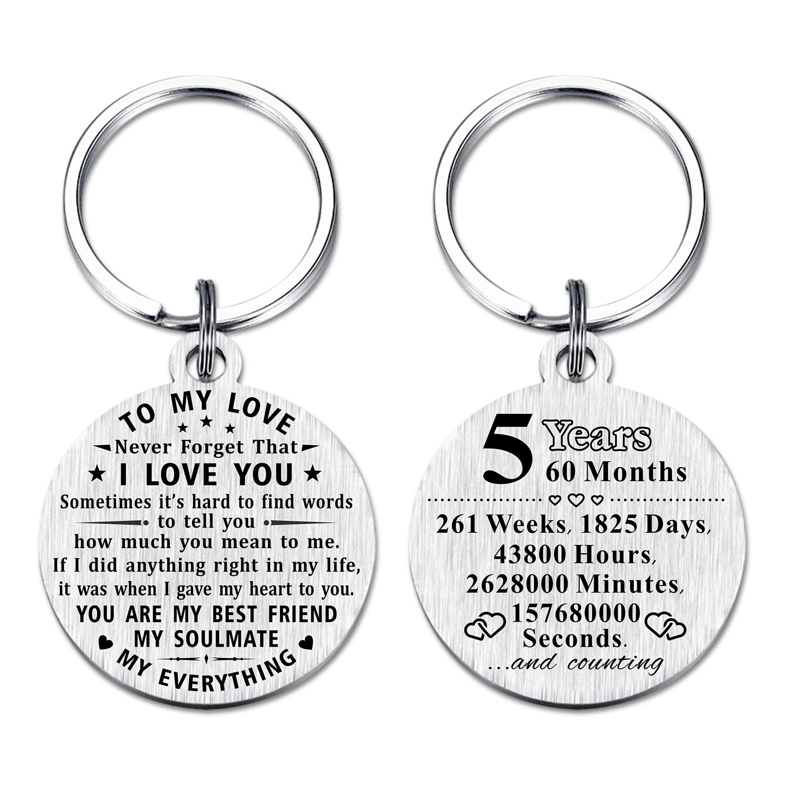 ABBNT 5 Year Anniversary Keychain Gifts - Steel Engraved 5th Wedding Anniversary Keepsake - Happy Five Year Anniversary for Men Husband Women Wife