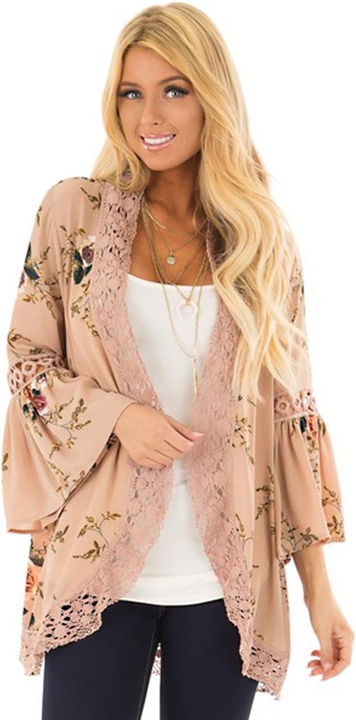 Perkisboby Womens Summer Boho Cardigan Bell Sleeve Crochet Lace Trim Floral Printed Kimono Cover Up (XXL, Khaki)