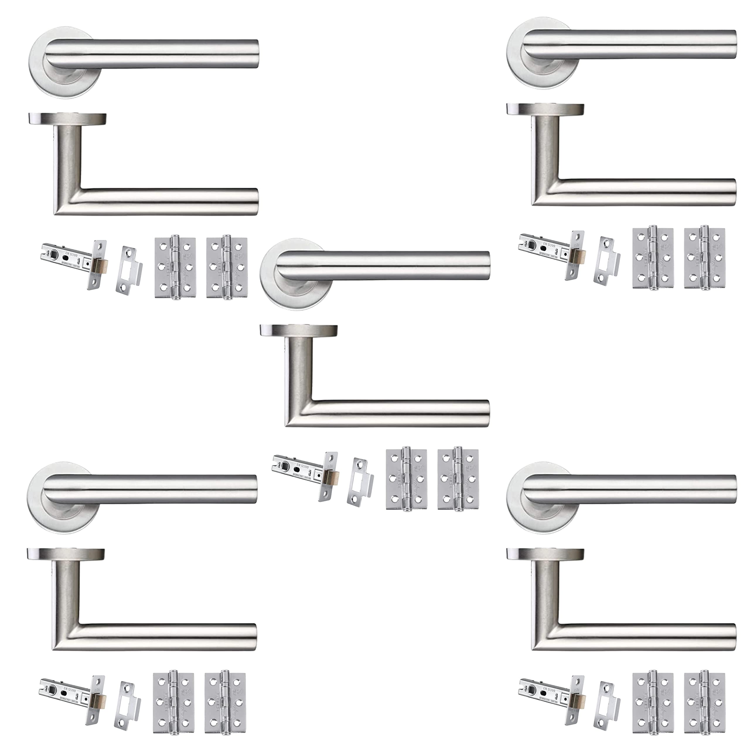 IRONZONE® 5 Sets of Mitred Lever On Rose Latch Door Handle with Hinges and Latches Stainless Steel, for Internal use in Residential and Commercial Buildings,