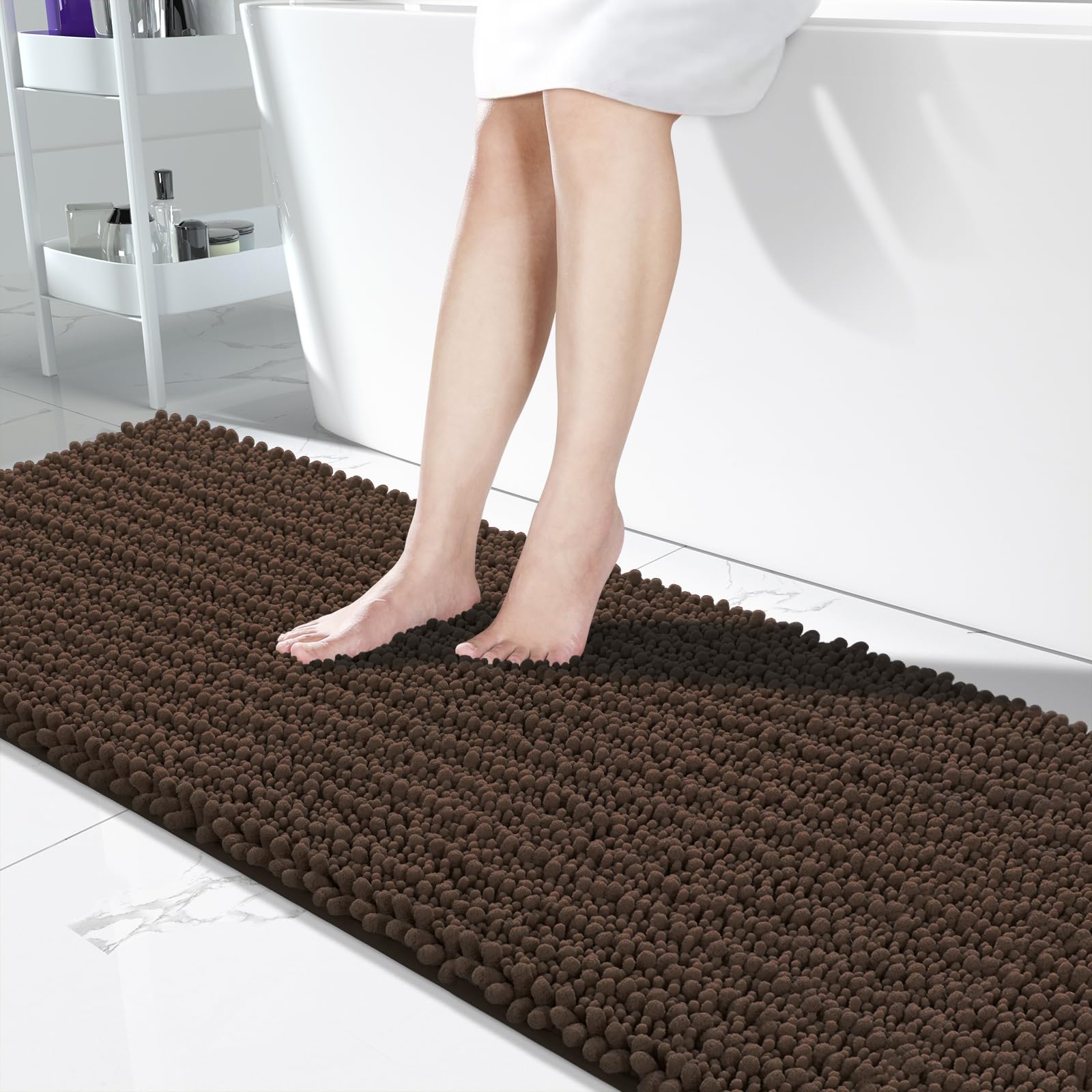 Photo 1 of Yimobra Bathroom Runner Rug 70x24 Inch - Extra Long Non Slip Chenille Bath Mat, Soft & Absorbent, Machine Washable Shaggy Hallway Carpet for Vanity Tub Shower, Brown Home Decor Accessories