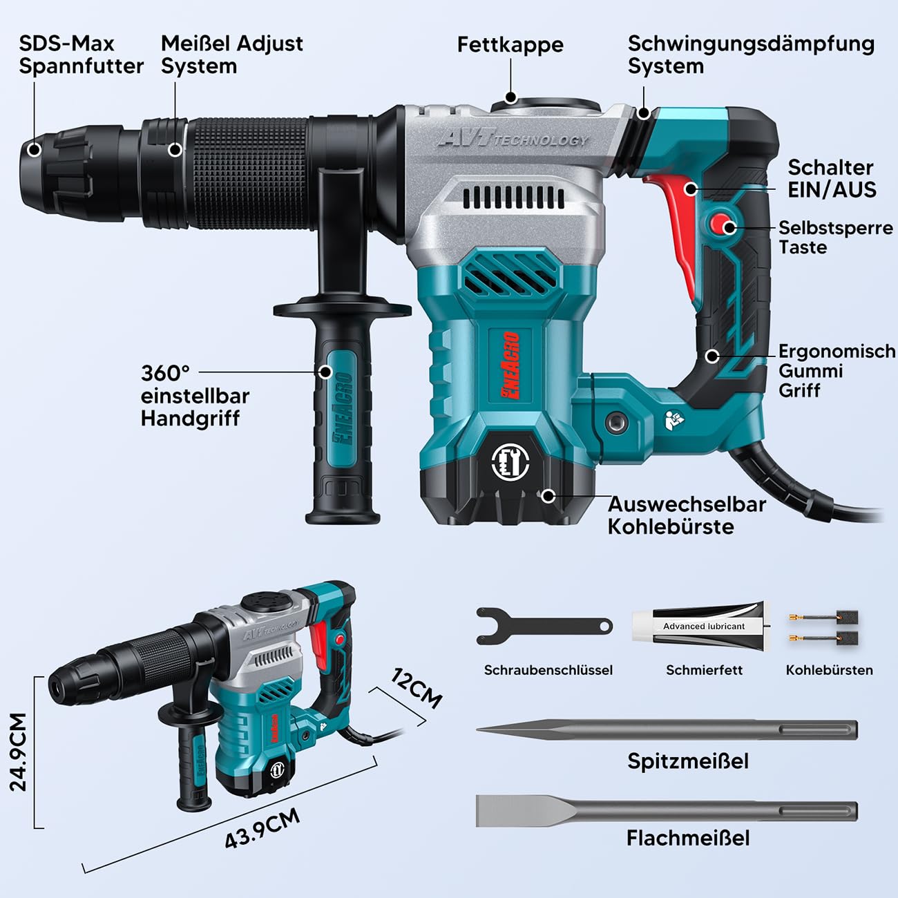 ENEACRO SDS-Max Abbruchhammer Stemmhammer für Beton, 1300W 20 Joule Schwerlast Elektrischer Schlaghammer, Vibration Kontrolle, Schale aus Aluminiumlegierung, Inklusive Werkzeugtasche und Meißels 2