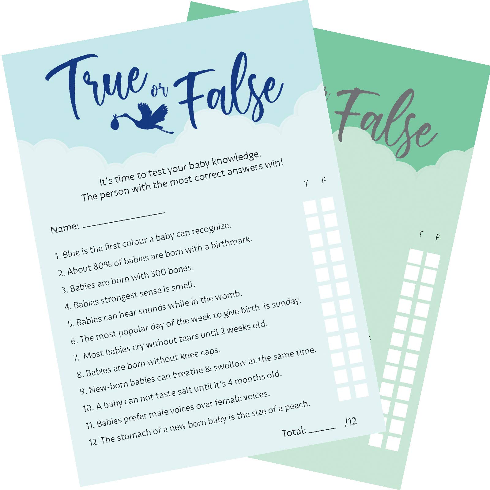 12 x Blue Baby Shower Games True Or False 12 Game Cards and 1 Answer Card Boy/Girl/Unisex (Blue, 12)