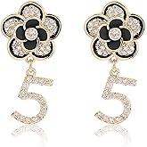 Celebrity Designer Elegant Rhinestone Dangle Drop Luxury Camellia Black Number 5 Earrings Valentine's Day Gift