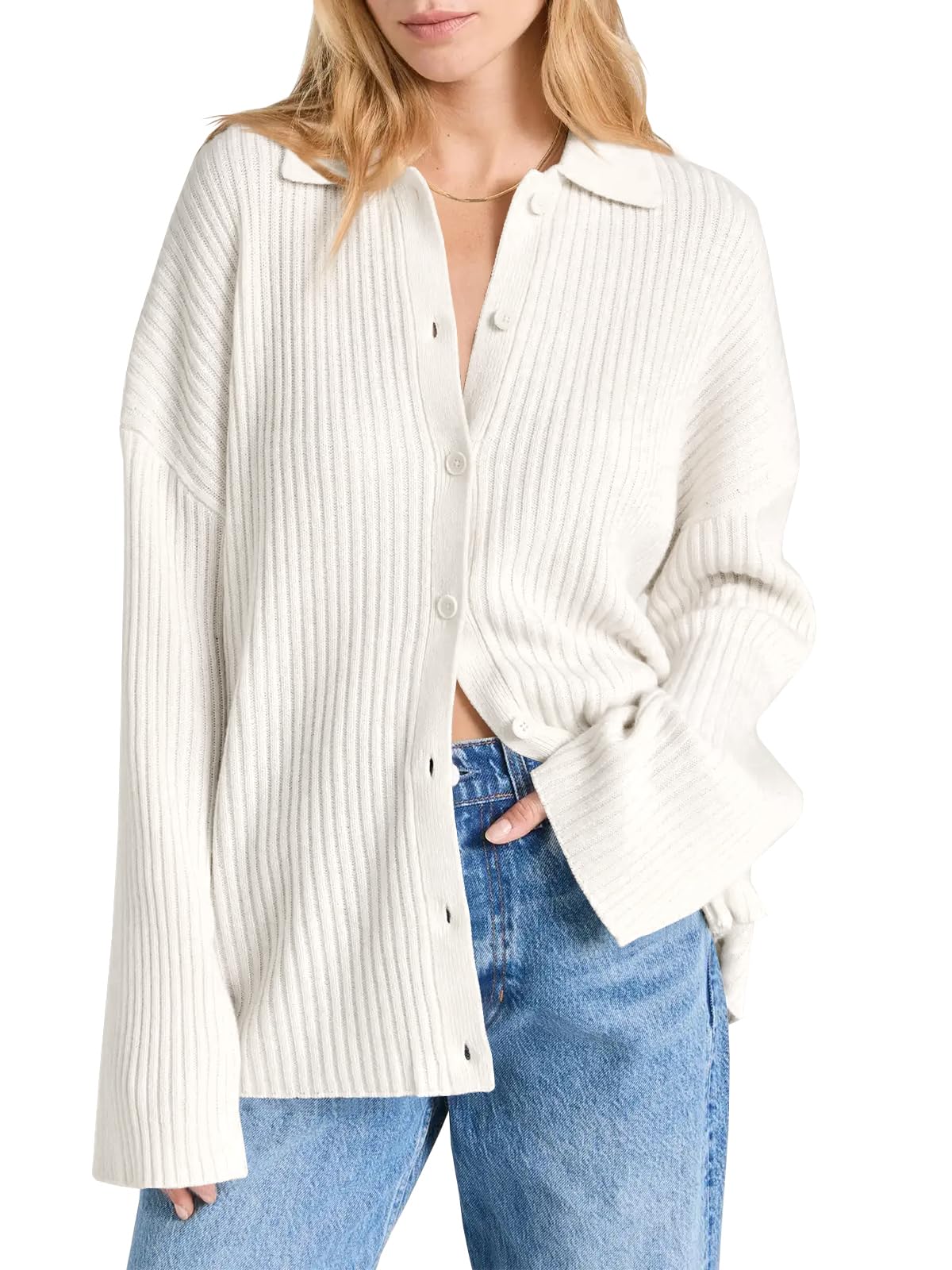 Photo 1 of Danedvi Womens Collared Cardigan Sweaters Oversized Ribbed Knit Open Front Button Up Bell Sleeve Outwear White