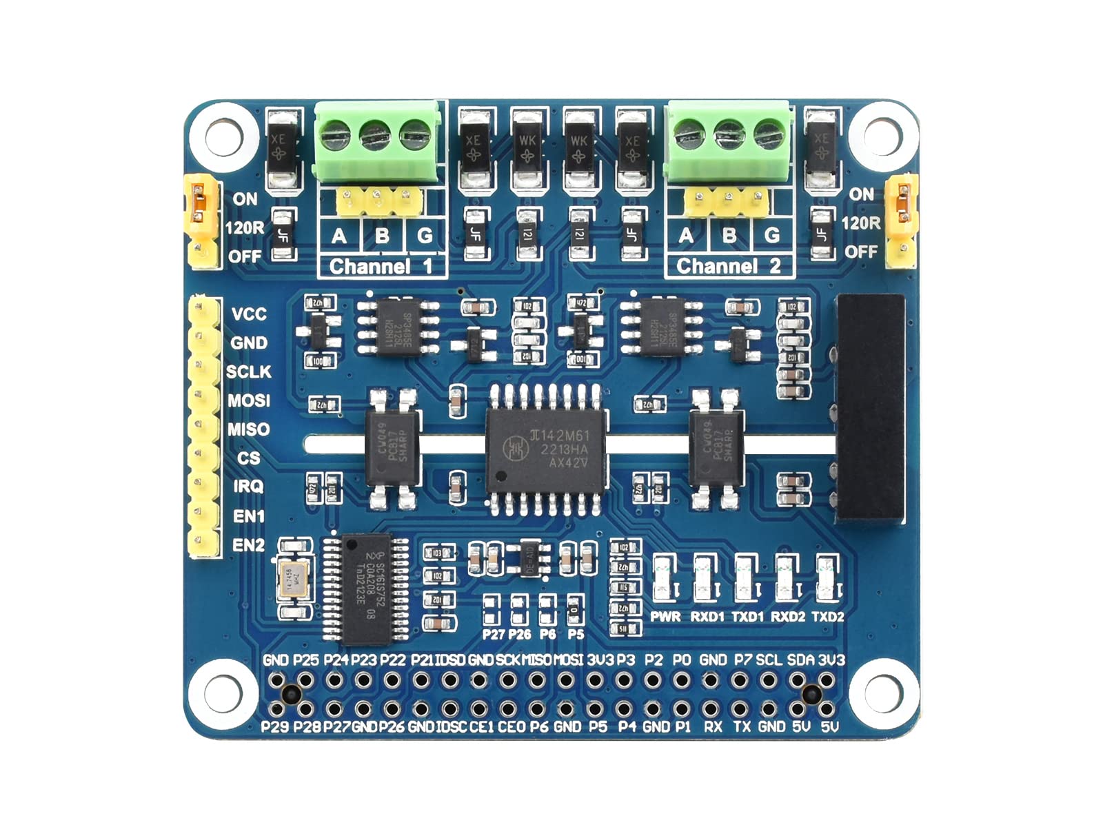 Waveshare 2-Channel Isolated RS485 Expansion HAT For Raspberry Pi, SC16IS752+SP3485 Solution, With Multi Onboard Protection Circuits