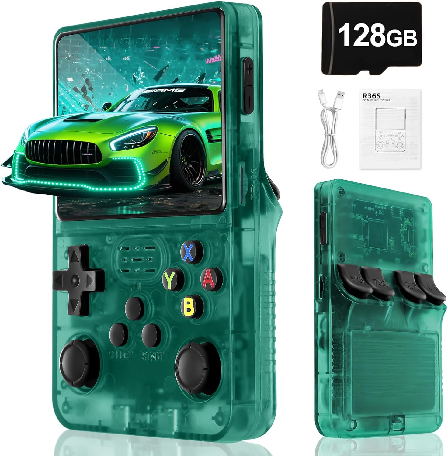 Rhesusco R36S Retro Video Game Console-3.5 Inches HD Screen,Open Source Linux System,3000mAh Rechargeable Battery,128G TF Card,30000+ Classic Video Games Portable Mini Game Console for Gifts-Green
