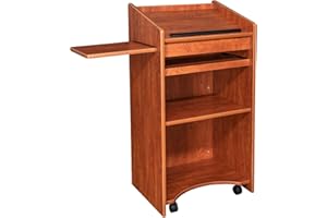 OEF Furnishings Mobile Floor Lectern with Side Shelf And Keyboard Tray, Cherry