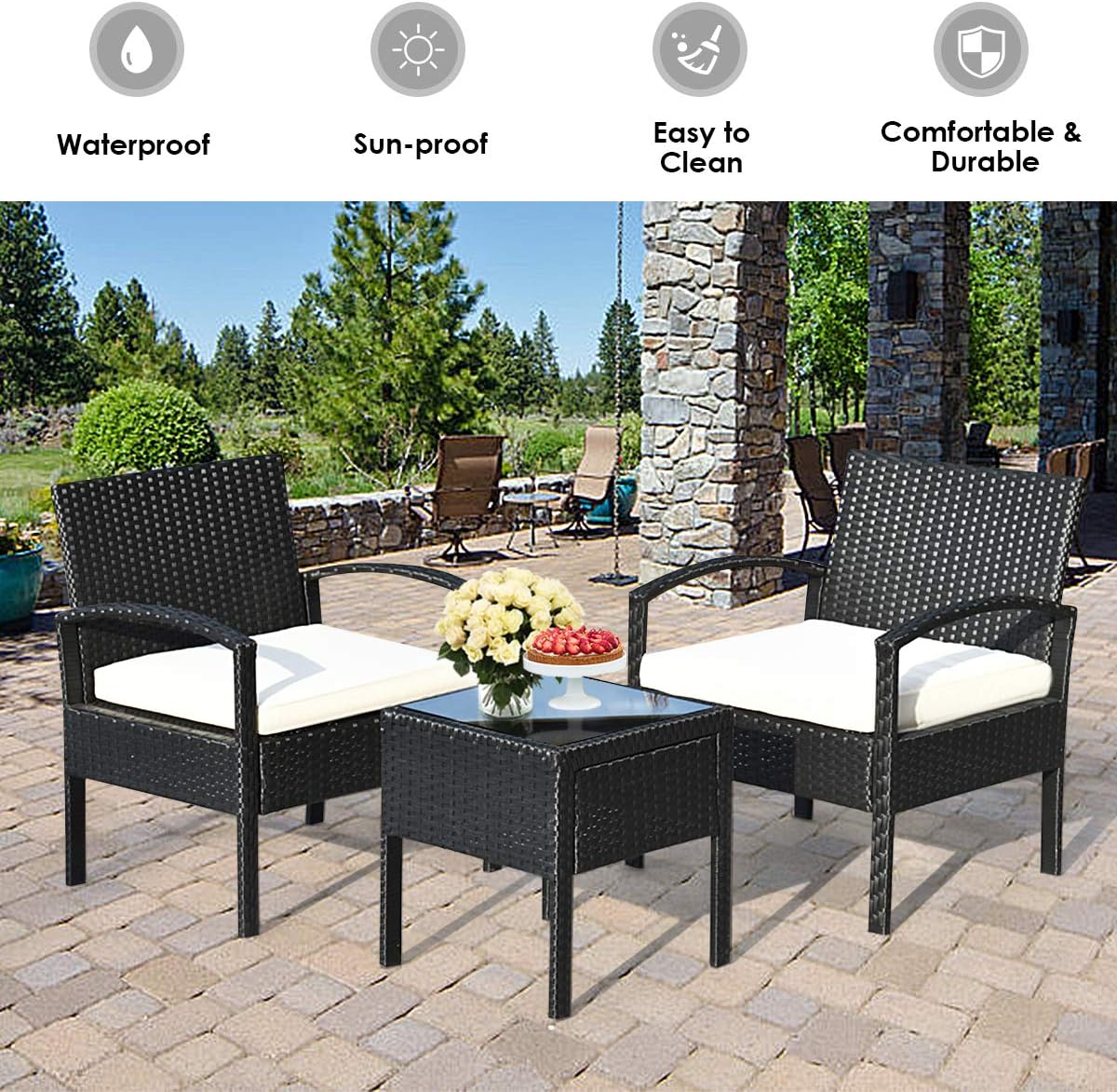 Tangkula AM0583HM 3 Piece Patio Furniture Set with 2 Cushioned Chairs & End Table, Black: Garden & Outdoor