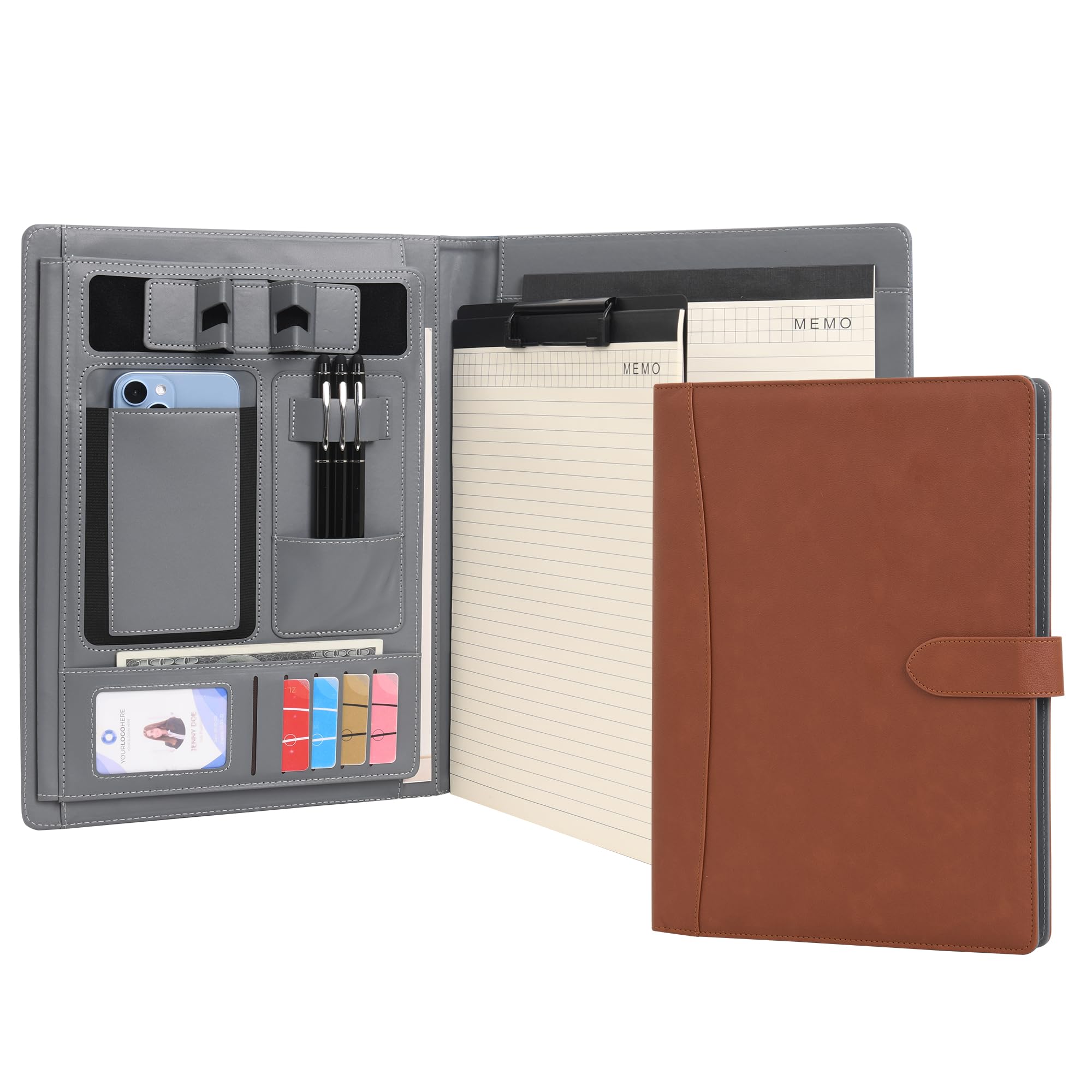 Wason Portfolio Padfolio A4 Leather PU Holder File Document Case with Writing Pad and Removable Clipboard for Organizer Office School Travel (Brown)