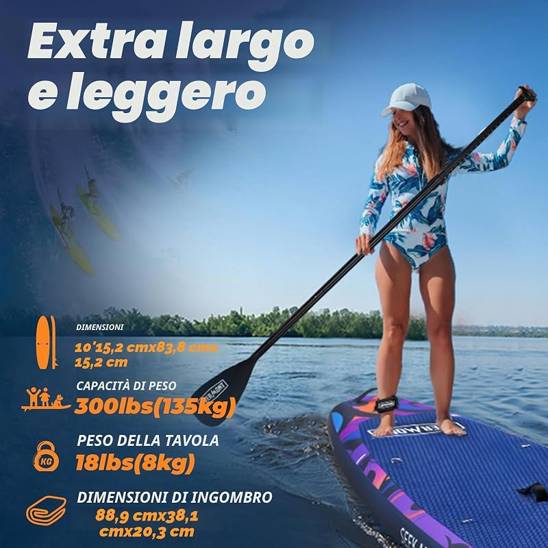Tavola Stand Up Paddle SUP Gonfiabile per Adulti 323×84×15 cm, Kit Completo con Pagaia Regolabile, Pompa, Zaino, Leash e 3 Pinne, Facile da Trasportare e Stabile-Graffiti