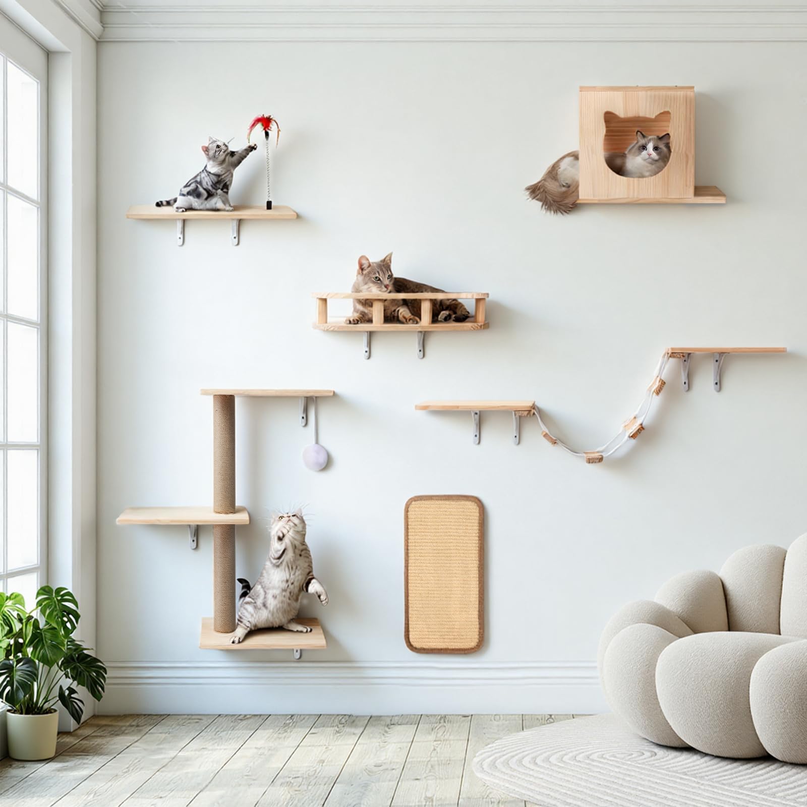 Photo 1 of Coolsheepsia Cat Wall Shelves, Solid Wooden Wall-Mounted Cat Furniture, Set of 6 Cat Climbing Shelves with House, Bed, Bridge, Tree, Steps and Scratcher
