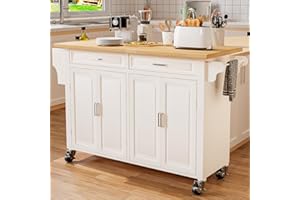 HiDSLiving Kitchen Island with Storage 54" Large Rolling Kitchen Island Cart On Wheels 2 Cabinets 2 Drawers,Spice Towl Rack Mobile Kitchen Table White (No Drop Leaf)