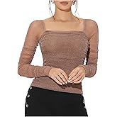 OYOANGLE Women's Mesh Ruched Square Neck Blouse Glitter Long Sleeve Date Night Tops