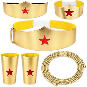 Beuonkig 5 Pcs Halloween Women Costume Cosplay Accessories, Gold Tiara Cuffs Armband Belt Lasso Set for Halloween Dress-Up