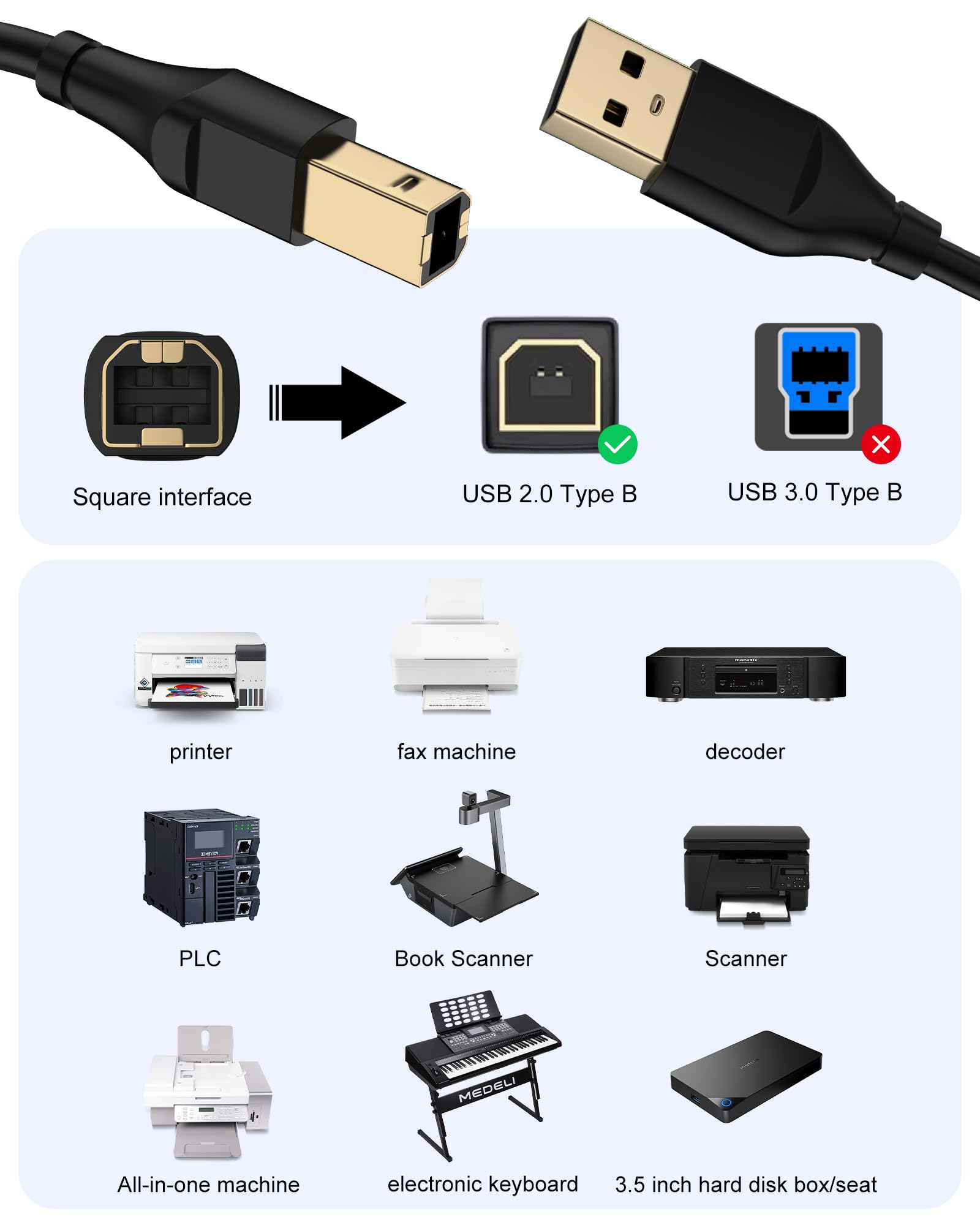 HP Printer Cable 6ft, Square USB A to USB B Cable for Printer/Scanner Epson, HP, Canon, Brother, Ethernet Print Smoothly Connect to Computer/Laptop/Pc - USB 2.0 Type B Impresora Midi Long Cord, 6 Foot