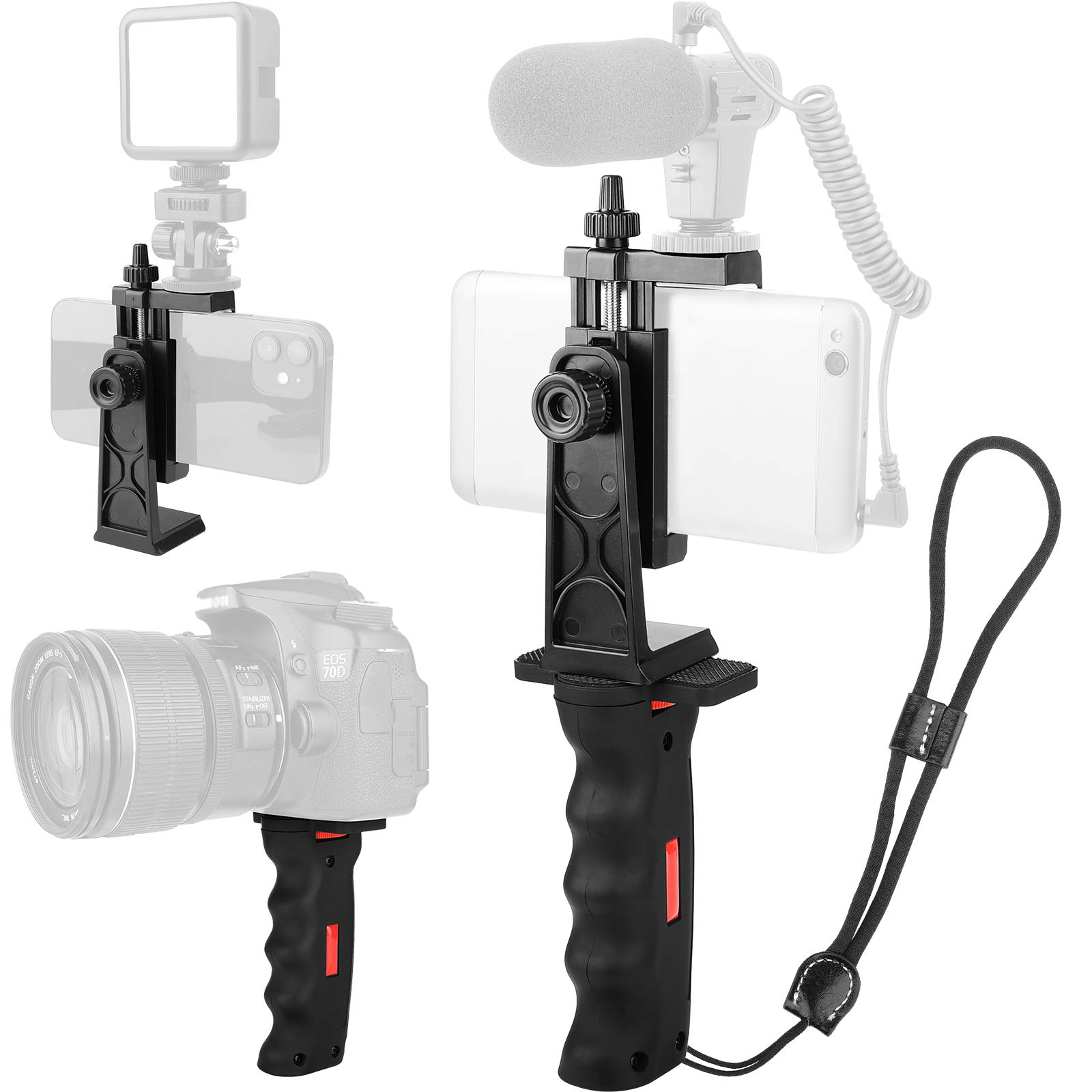 ChromLives Camera Handle Stabilizer Phone Vlogging Holder With 1/4 Thread Screw Grip Video Handheld Selfie Stick Smartphone Cold Shoe Mount For Mic/Flash Light,With Wrist Strap