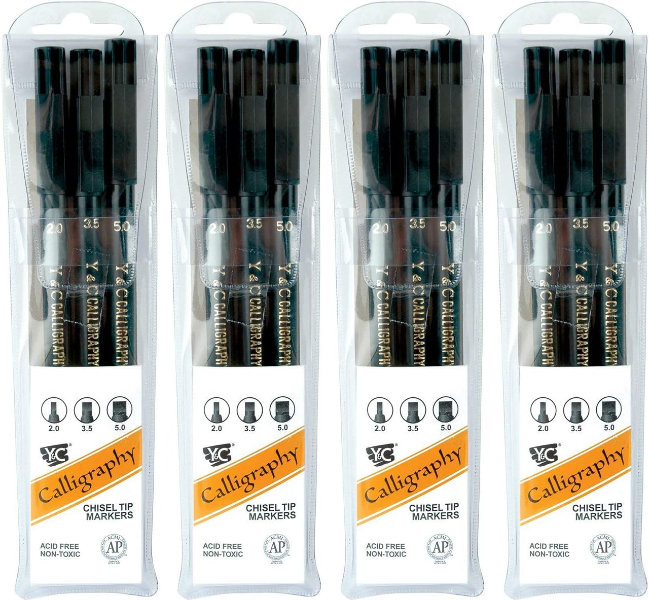 Yasutomo Y and C Water Based Calligraphy Markers, Chisel Tip, Assorted Sizes, Black, Pack of 3-443609 (Fоur Paсk)