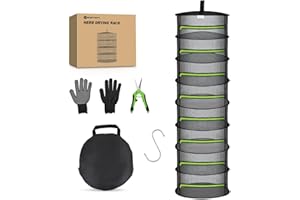 Yesker 8 Layer Herb Drying Rack Hanging Mesh Foldable Plant Drying Racks 24" w Green Zipper Pruning Shears Gloves Dryer Hanging Rack for Herbs Seed Bud Fruit Clothes Grow Tent Closets Garden Outdoor