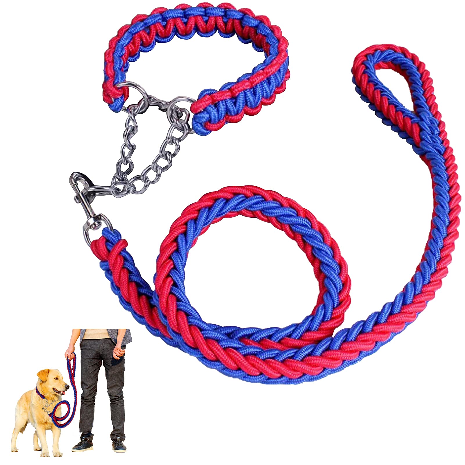 Dog Rope Heavy Duty Dog Woven Leash Collar Set Nylon Eight Strand Braided Lead Pet Walking Training Rope Non-slip Handle Collar for Small Medium Large Dogs (Blue+Red, XL)