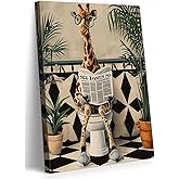 ZUGHRERF Giraffe Bathroom Humor Canvas Wall Art Funny Giraffe Reading Newspaper on Toilet Wall Decor Cute Animal Poster Print Painting Artwork for Kids Bathroom Restroom Home Decor 16x24in canvas