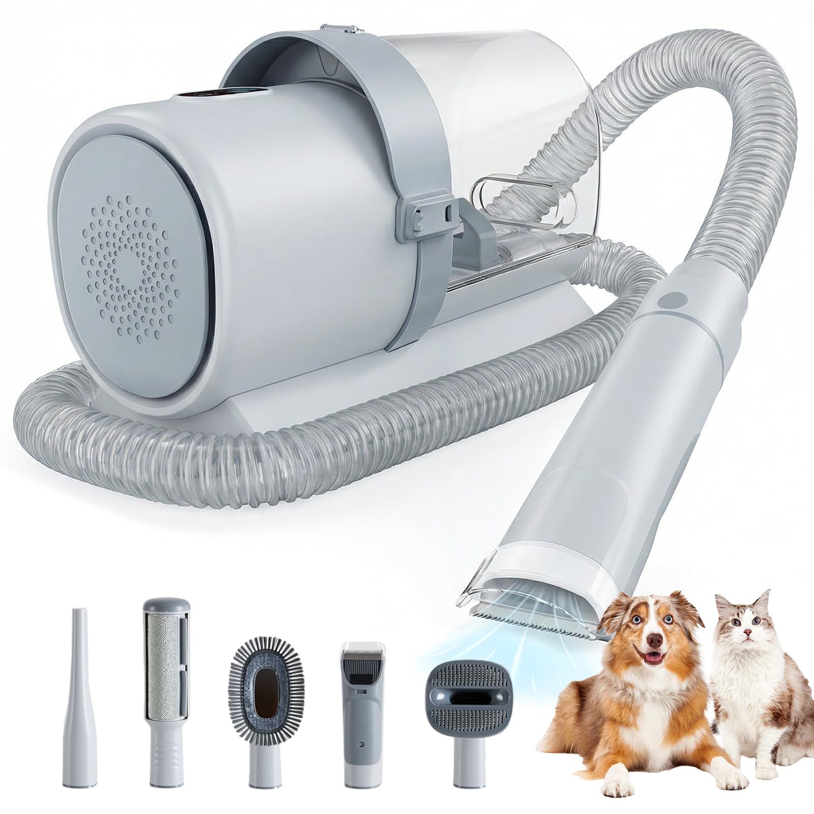 Sweetcrispy Professional Pet Grooming Vacuum Kit, 2.5L Cup, 3 Suction Modes, and 5 Groomer Tools with Cordless Low Noise Dog Clippers for Cats, Other Animals Hair Trimmer, Gray Image