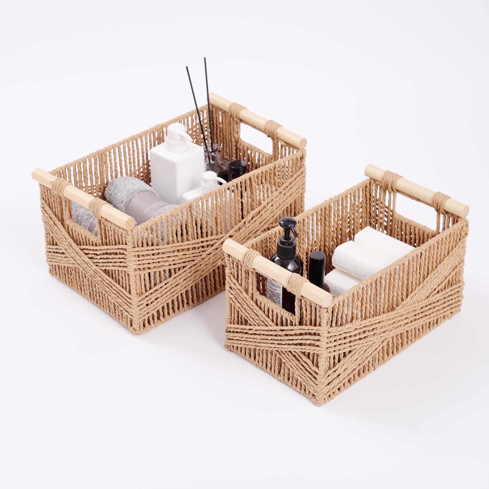 Photo 1 of Woven Decorative Baskets Bohemian Style Set of 2 Picnic Basket with Wood Handles Rectangle Storage Baskets for Shelves Towel Bathroom