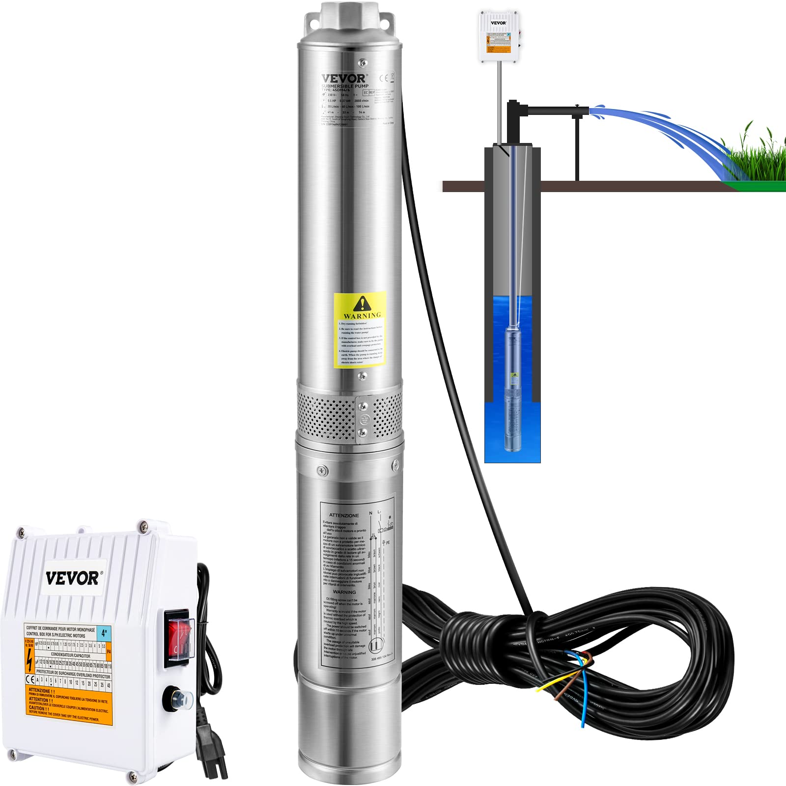 Photo 1 of VEVOR Deep Well Submersible Pump, 1.5HP 115V/60Hz, 37gpm 276ft Head, with 33ft Cord & External Control Box, 4" Stainless Steel Water Pump for Industrial, Irrigation and Home Use, IP68 Waterproof