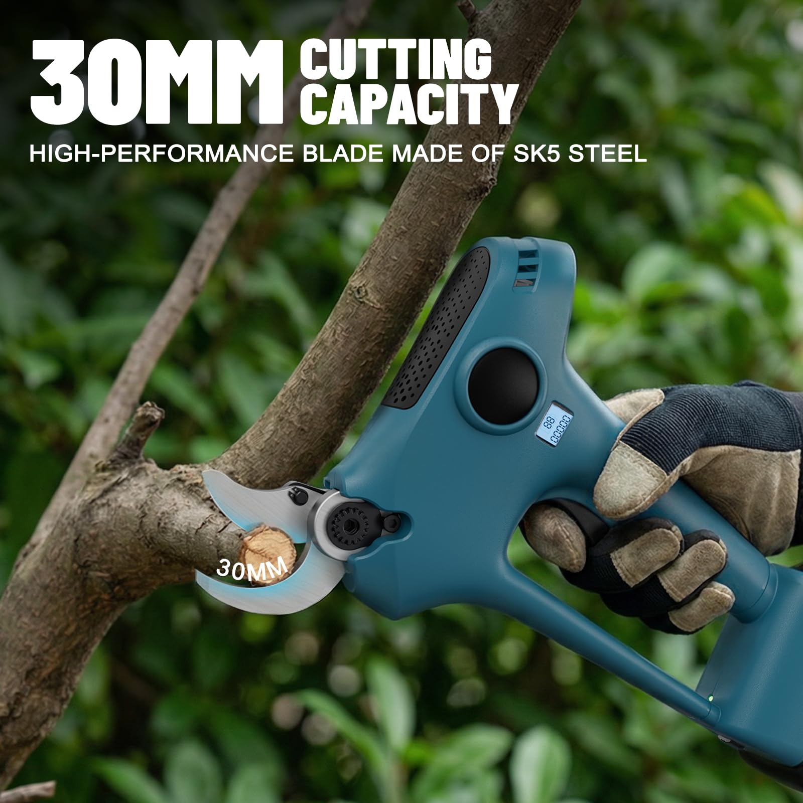 Akku-Astschere für Makita-18V-Batterie, Elektrische Gartenschere mit 30mm SK5 Verchromter High-Carbon-Stahl Klinge und LCD Anzeige (ohne Batterie) 3