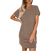 PrinStory Womens Summer Dress Casual Round Neck Short Sleeves Dresses with Pockets