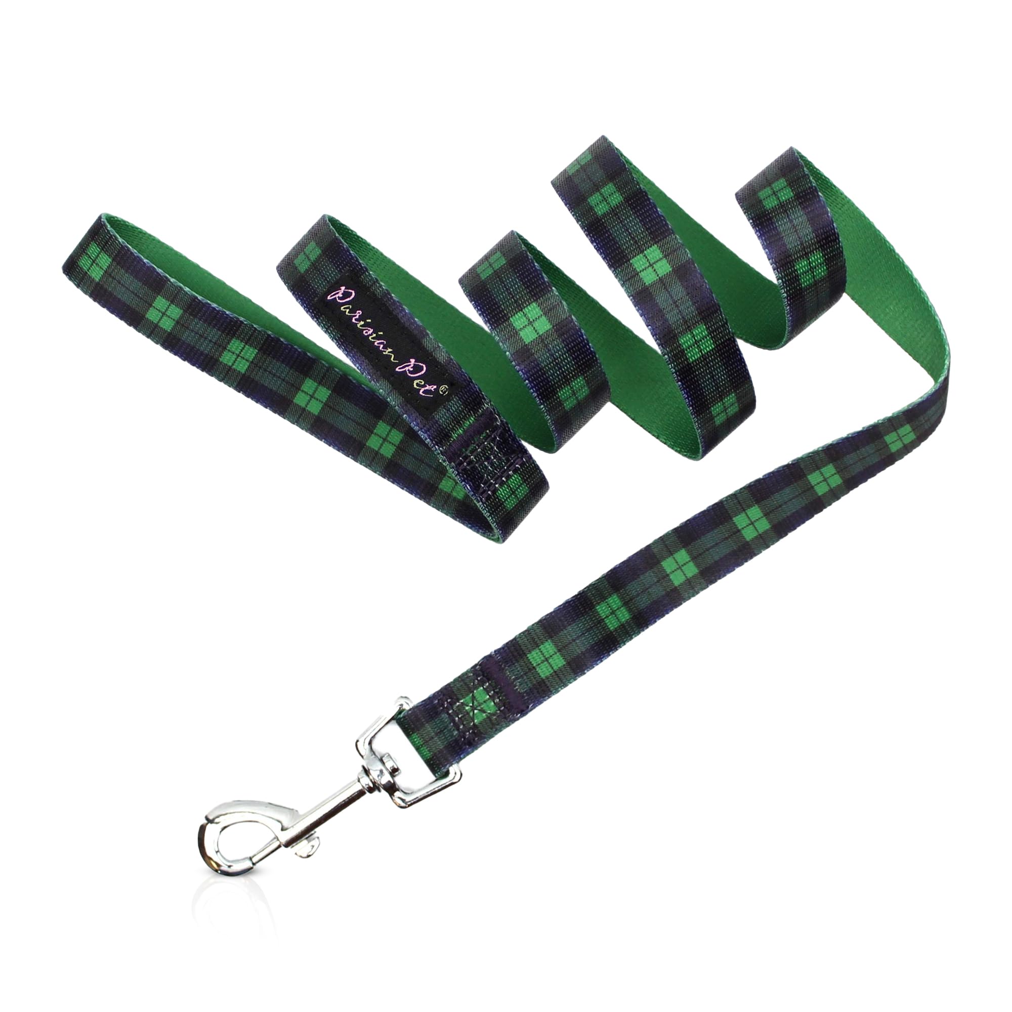 Parisian Pet Dog Lead - 4ft Long, Scottish Green Plaid Print, Durable Nylon Dog Training Leash - Traction Rope for Small/Medium Dogs