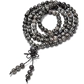 AD Beads Natural Gemstones Buddhist 108 Prayer Healing Beads Mala Stretchy Bracelet Necklace 6mm (Larvikite Labradorite)