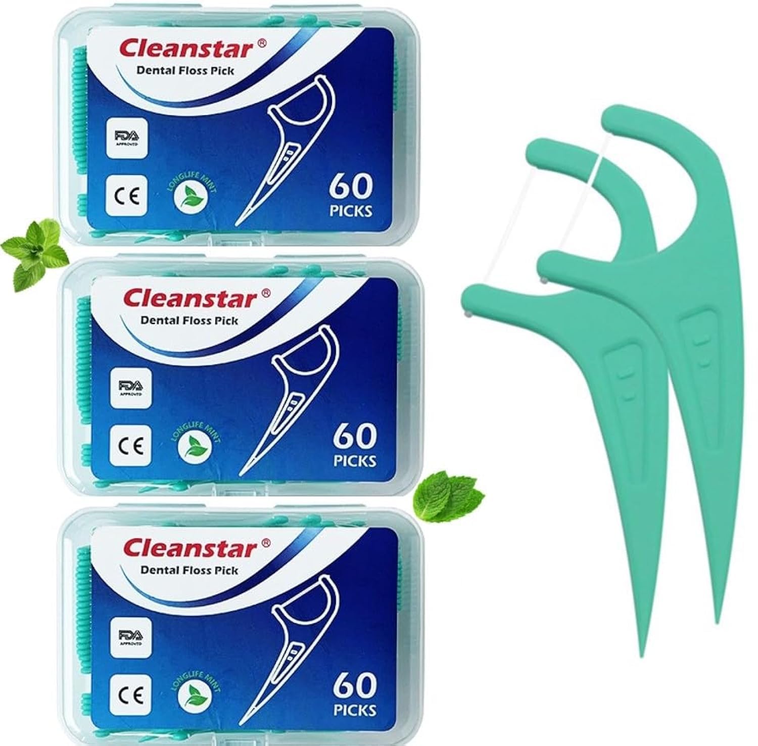 DenCare FDA & CE Certified 180pcs Mint Flavoured Floss Picks, Shred Resistant Floss Sticks,Tooth Picks,Teeth Cleaning Picks, Strong Dental Floss, Pack of 3