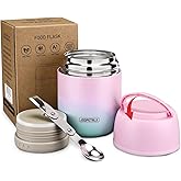 17 oz Insulated Lunch Containers Hot Food Jar, Wide Mouth Soup Thermo for Hot Food Kids Adults, Vacuum Stainless Steel Thermo Lunch Box With Handle Folding Spoon for School, Office (Blue-Pink)