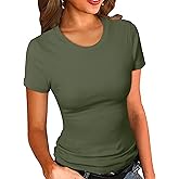 PALINDA Women's Crew Neck Ribbed Fitted Shirt Basic Short Sleeves Summer T Shirt Tops