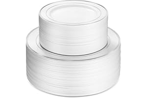 60Pcs Plastic Party Plates White Silver Rim, 30 Premium Heavy Duty 10.25 Inch Dinner Plates and 30 Disposable 7.5 Inch Desser