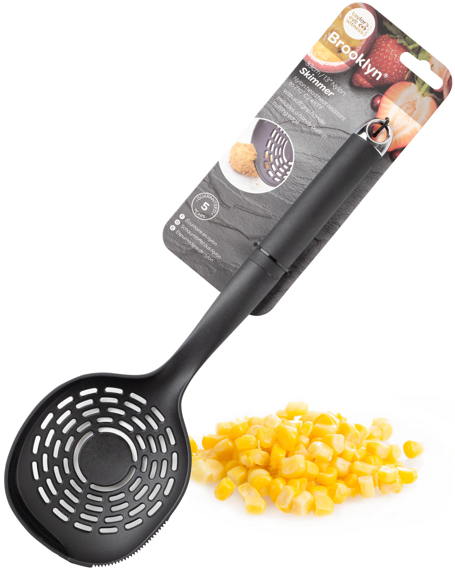 Nylon Head Skimmer Spoon Tool - Non Scratch Head, Ergonomic Soft Grip Handle, Large and Slotted for Liquid Draining, with A Handy Serrated Cutting Edge 2 in 1 Kitchen Tool. 5 Year Guarantee