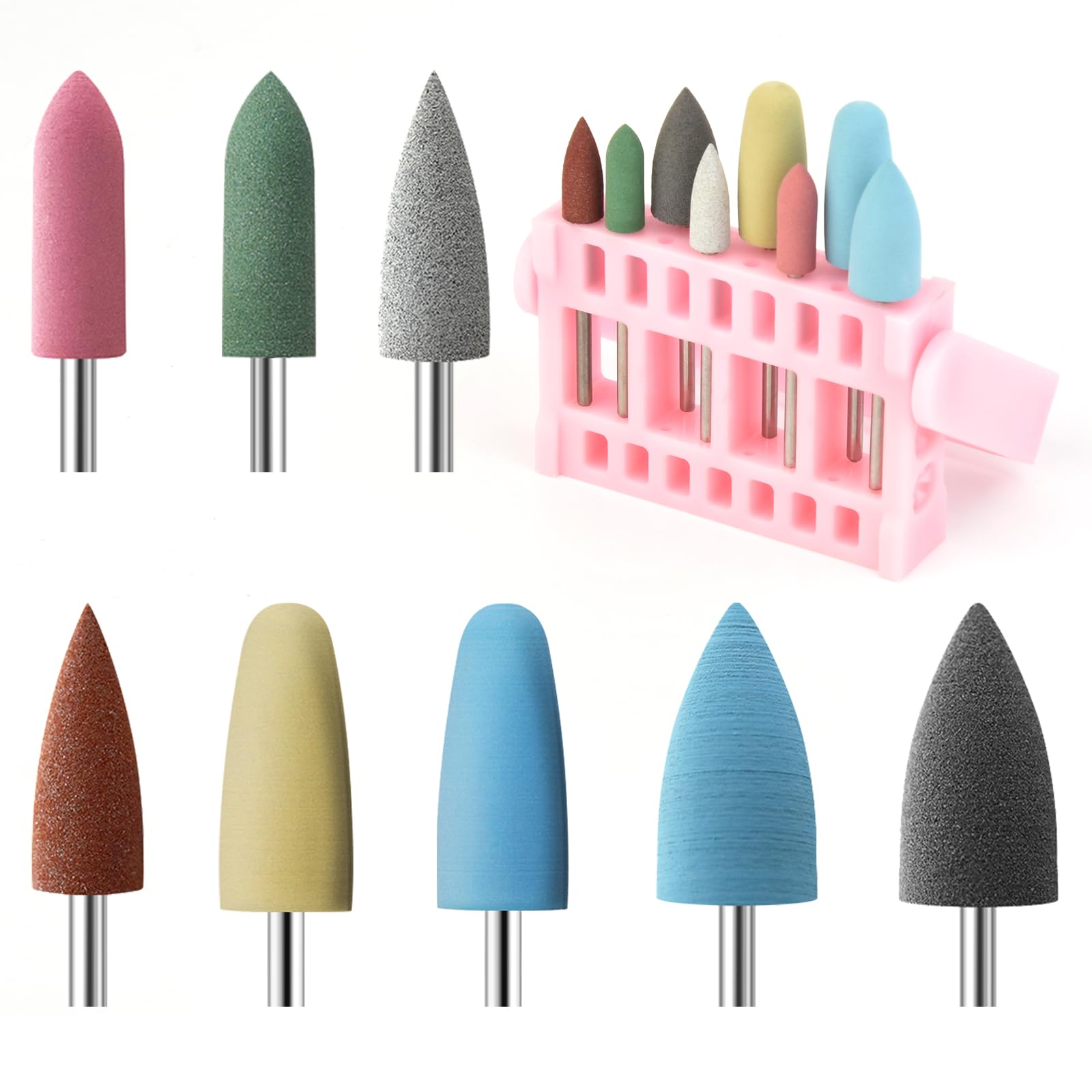 KADS Nail Drill Bits and Bit Holder Set for Nail Polishing Griding Nail Gel Polish Remover Tool Suitable for Most Electric Nail Drills Rubber Alloy or Ceramic (Rubber Bits + Pink Holder)