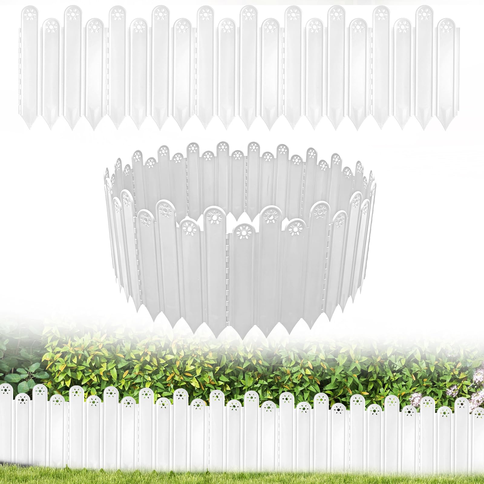 ACESOME Lawn Edging Border, 10Pcs Garden Fence Edging Border, Plastic 22-30cm Height, 2M/6.56Ft Grass Edging Lawn Edging Strip for Path Landscape Pavement Design (White, H:26-30 cm, L: 2M)