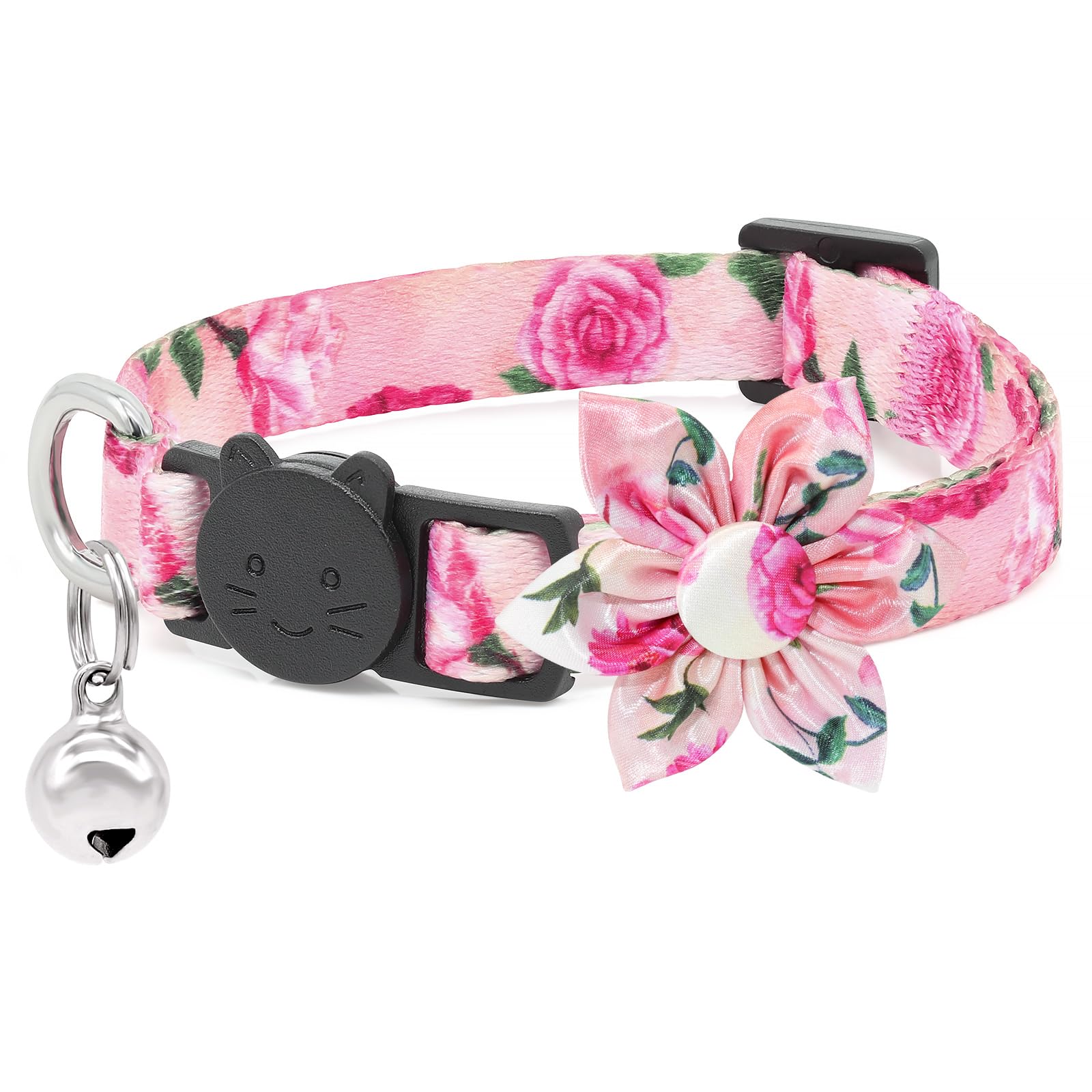 One Pack Cat Bowtie Collar Floral Rose Flower Cat Collar with Bells Breakaway Kitten Puppy Collar Pink Cat Collars for Girl Cats(Rose Pink)